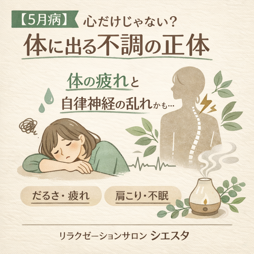 5月病による体のだるさや自律神経の乱れを整えるイラスト｜瀬戸市リラクゼーションルーム シエスタ