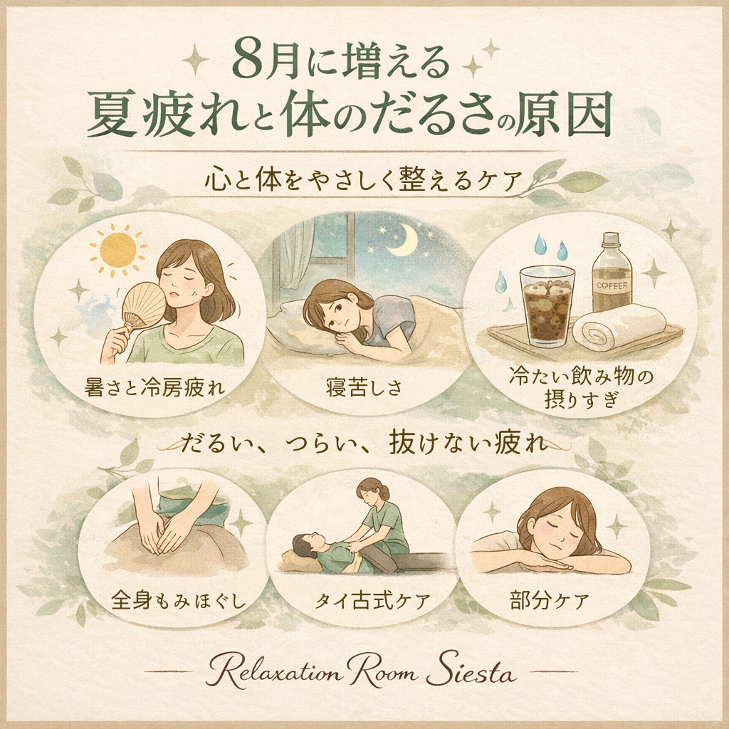 8月に感じる体の重さと残る疲れについて紹介するリラクゼーションルーム シエスタ瀬戸西店