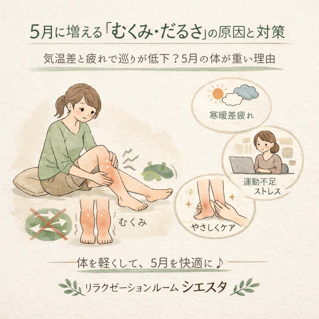 5月に増える足のむくみや体のだるさと自律神経の乱れを整える大切さを伝えるイラスト｜瀬戸市リラクゼーションルーム シエスタ