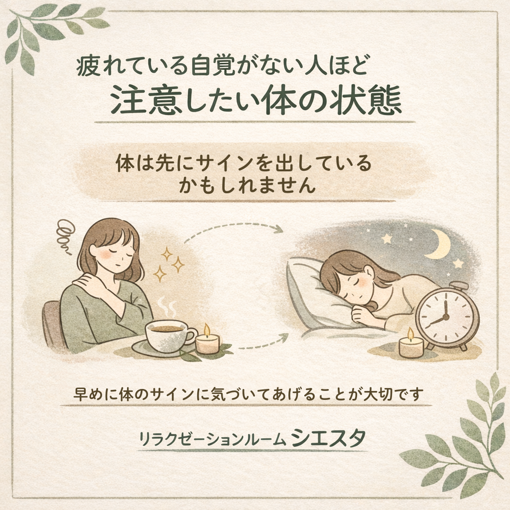 瀬戸市のリラクゼーションルーム シエスタ|疲れの自覚がない人ほど注意したい体の状態と休息の大切さを伝えるイラスト