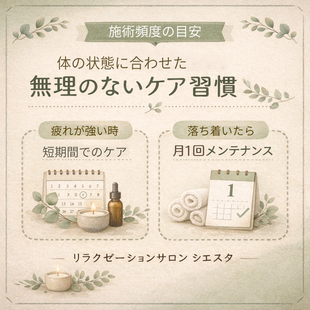 瀬戸市のリラクゼーションルーム シエスタ瀬戸西店|施術に通う頻度の目安イラスト|疲れが強い時の短期ケアと月1回メンテナンスのご提案