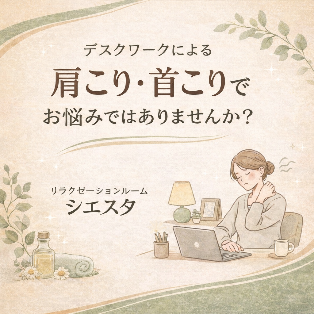 瀬戸市のリラクゼーションルーム シエスタ|デスクワークによる肩こり・首こり改善をイメージしたナチュラルテイストの正方形の癒し系デザイン画像