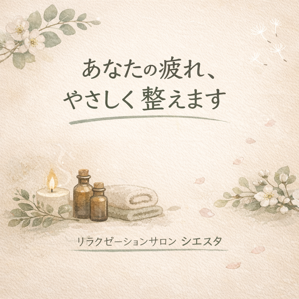 瀬戸市のリラクゼーションルーム シエスタ｜自律神経の乱れによる疲れをやさしく整えるイラスト「あなたの疲れ、やさしく整えます」
