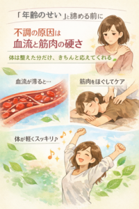 瀬戸市で肩こり・腰痛・疲れやすさにお悩みの方へ｜年齢のせいと思いがちな不調の原因（血流低下・筋肉の硬さ）を説明するPOPイラスト
