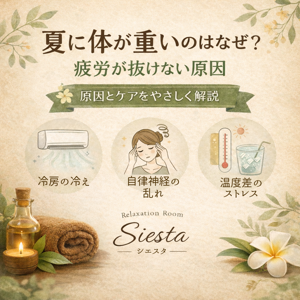瀬戸市のリラクゼーション シエスタ 夏の疲れ原因と対策イメージ