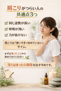 瀬戸市で肩こり・首こりにお悩みの方へ｜肩こりが起こりやすい原因（長時間同じ姿勢・浅い呼吸・筋肉の緊張）を説明するPOPイラスト