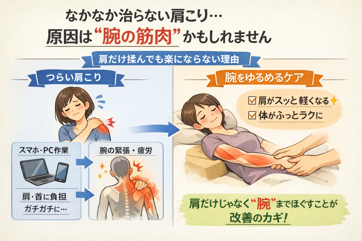 なかなか治らない肩こり…原因は“腕の筋肉”かもしれません