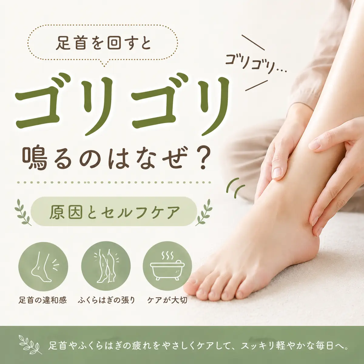 足首を回した時の音と、ふくらはぎや足裏を含めた足まわりの疲れについて紹介するシエスタ瀬戸西店の画像