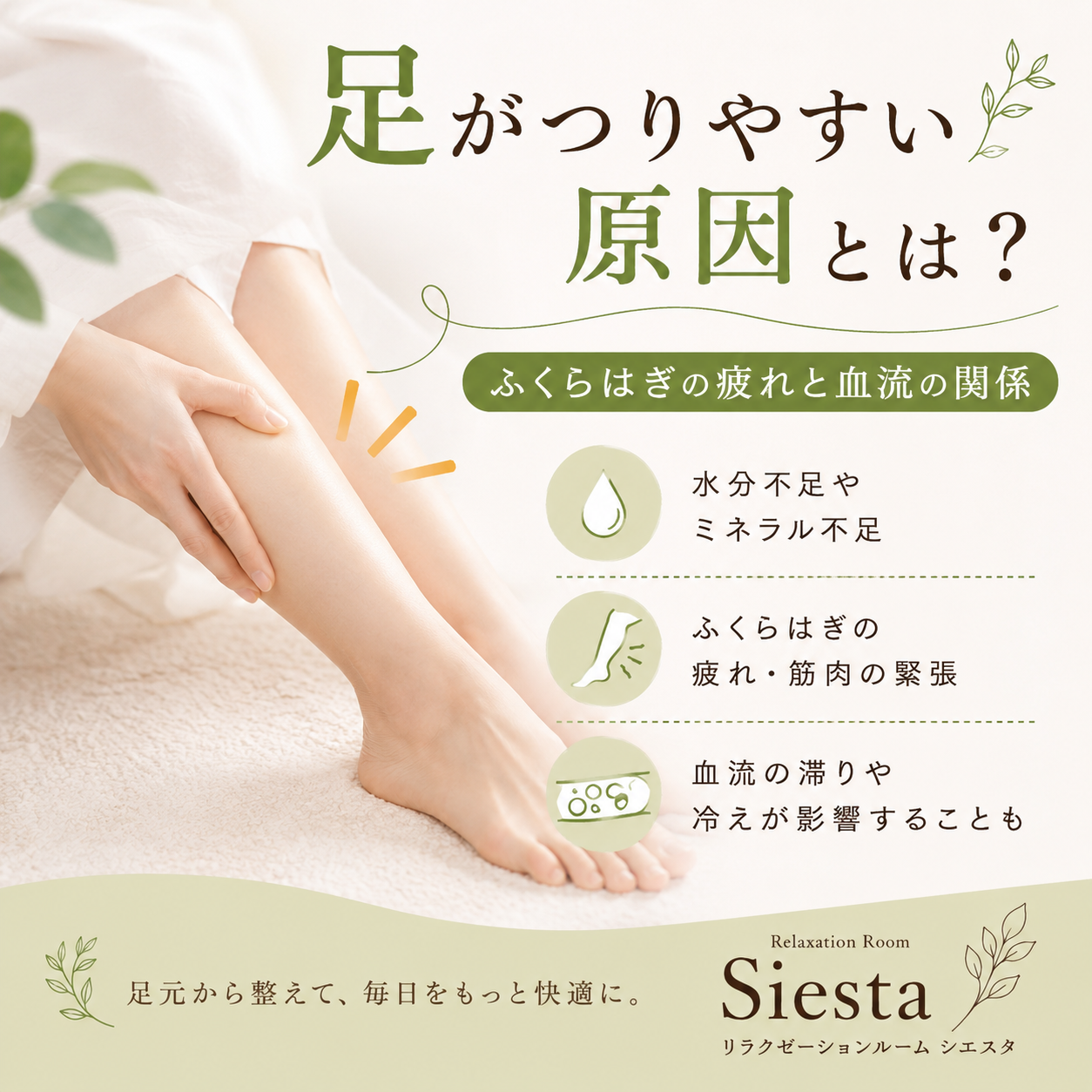 足がつりやすい原因を解説するイメージ画像。ふくらはぎの疲れや冷え、水分不足など足がつる要因について紹介し、足元のケアの大切さを伝えている。