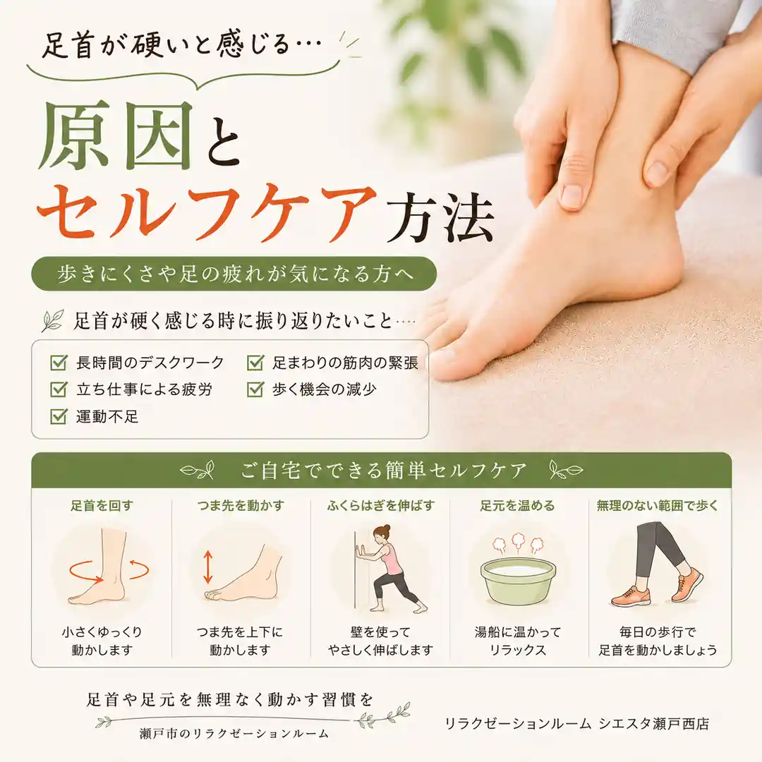足首が硬いと感じる時に振り返りたい生活場面と、自宅で無理なく取り入れられる足首の動かし方を紹介するリラクゼーションルーム シエスタ瀬戸西店の画像