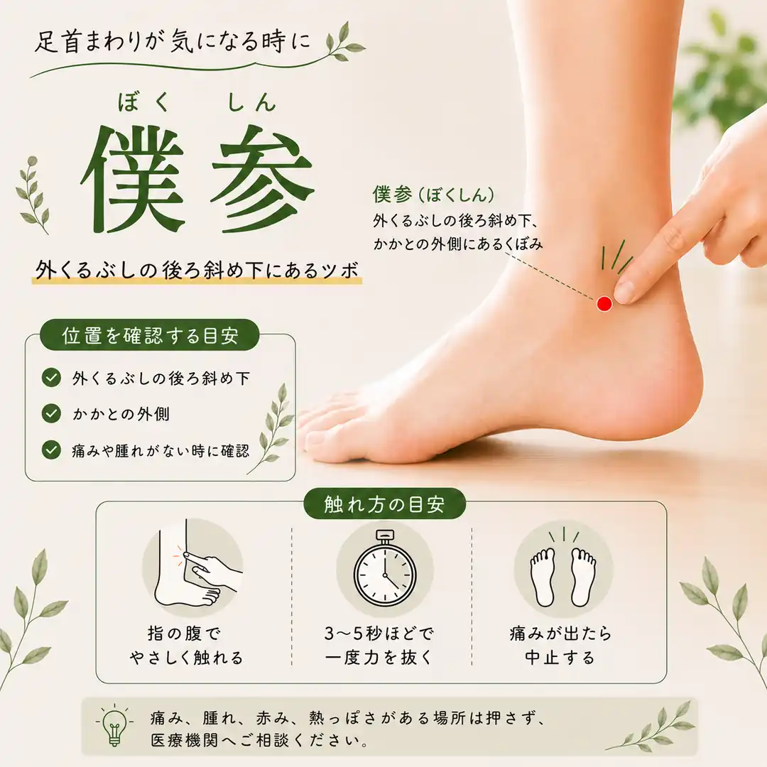 外くるぶしの後ろ斜め下とかかとの外側にある僕参の位置を紹介する画像