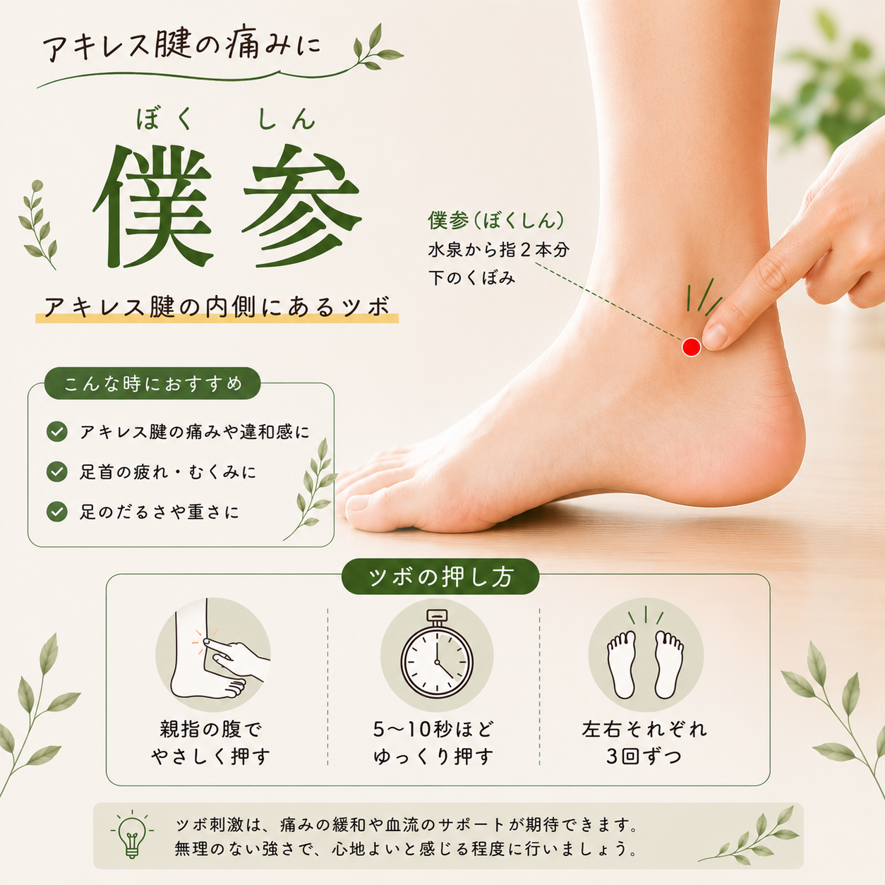 瀬戸市のリラクゼーション シエスタ｜アキレス腱のツボ「僕参（ぼくしん）」の位置と押し方