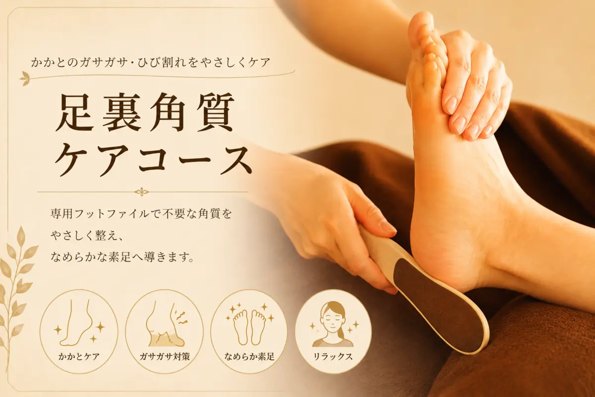 瀬戸市のシエスタ瀬戸西店で専用フットファイルを使ってかかとを整える足裏角質ケアの施術風景