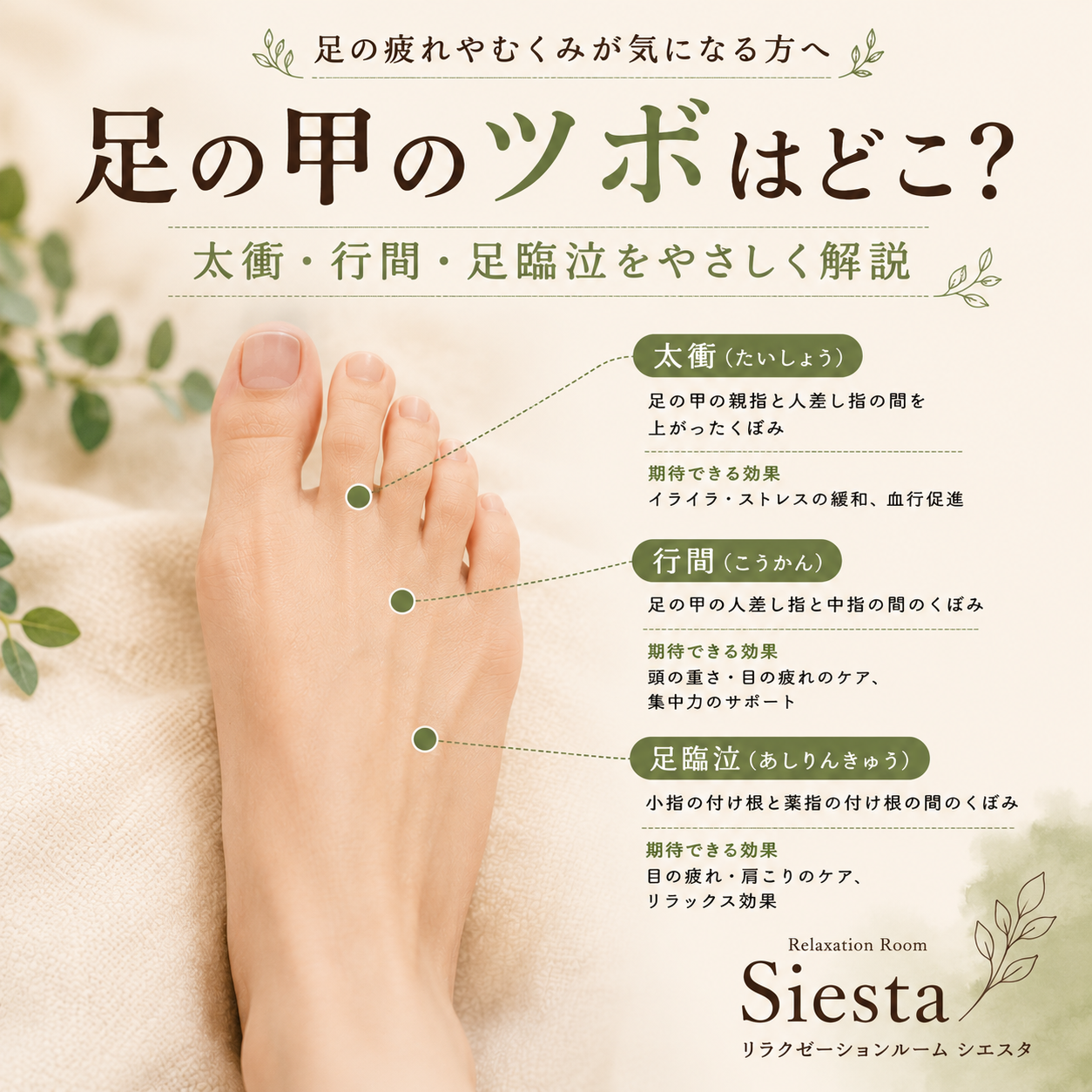 足の甲のツボはどこ?太衝・行間・足臨泣を解説した瀬戸市のリラクゼーション シエスタの足つぼ画像