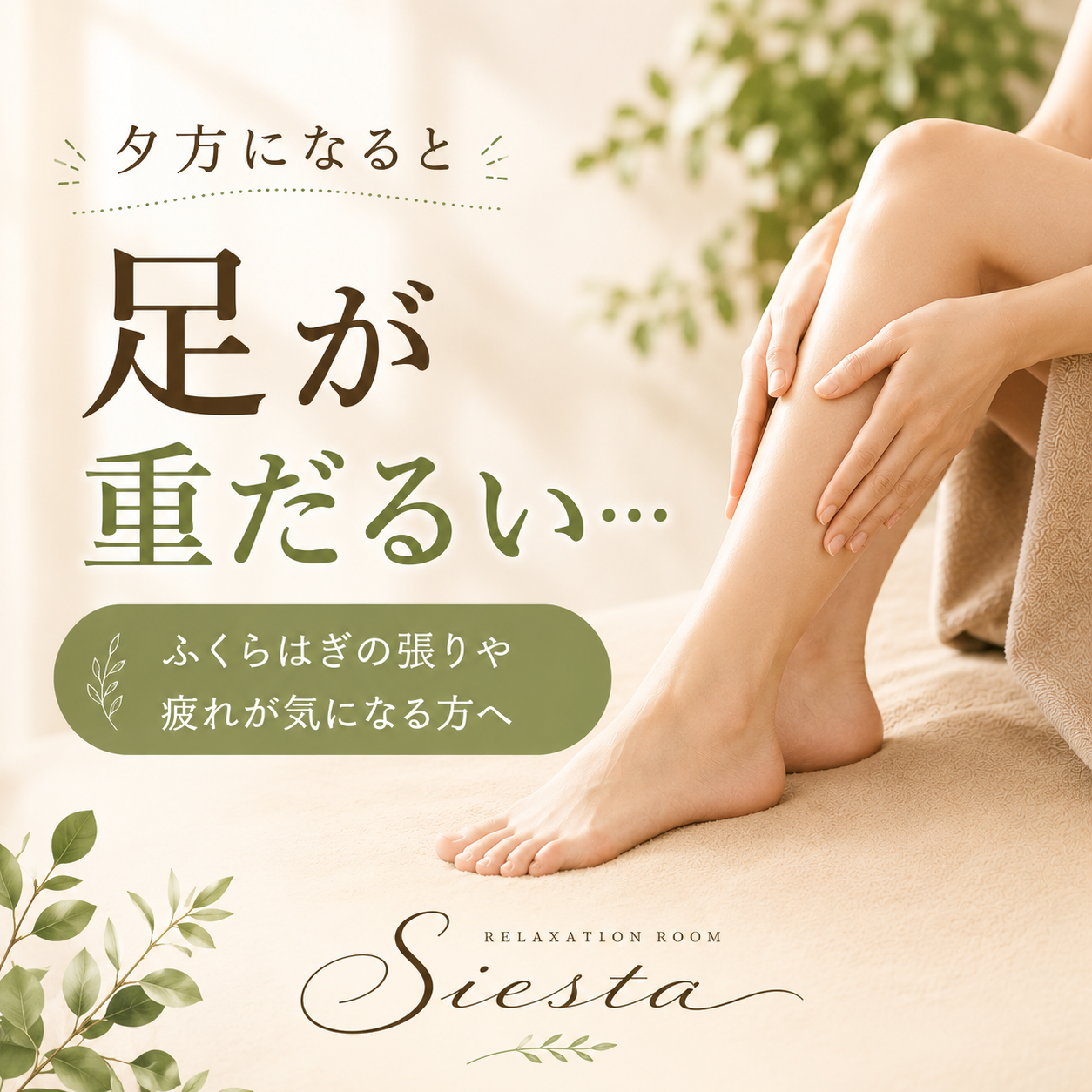 夕方になると足が重だるい方へ向けた、ふくらはぎの張りや疲れのセルフケアを紹介するリラクゼーションイメージ画像。
