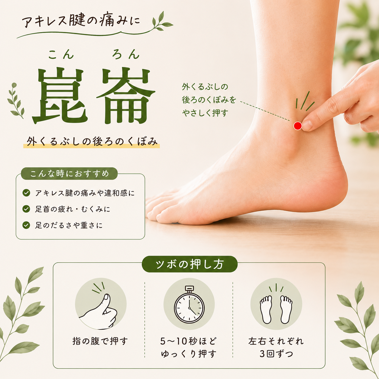 瀬戸市のリラクゼーション シエスタ｜アキレス腱のツボ「崑崙（こんろん）」の位置と押し方