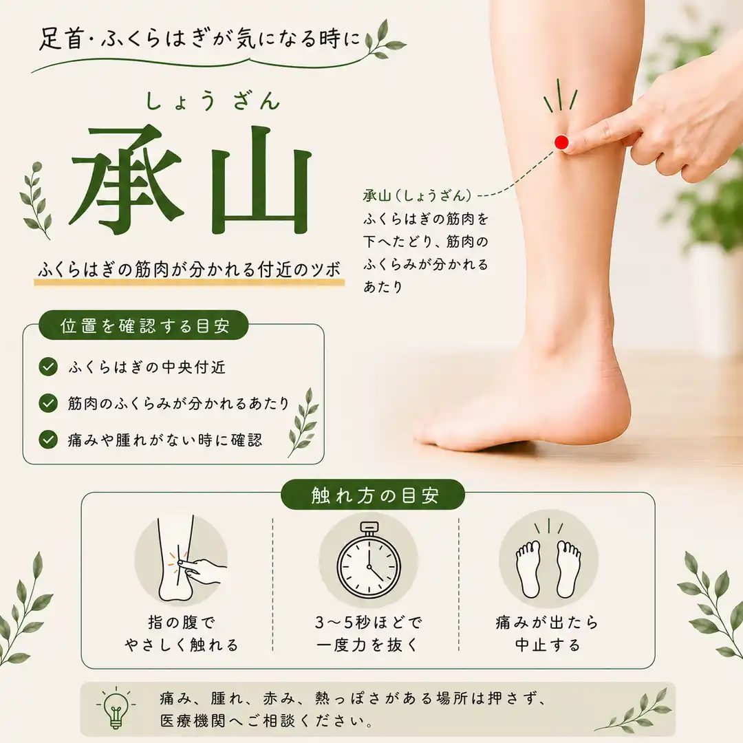 ふくらはぎの筋肉のふくらみが分かれる付近にある承山の位置を紹介する画像