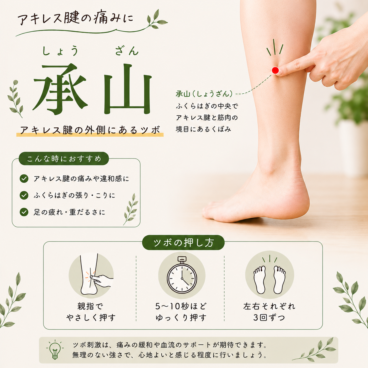 瀬戸市のリラクゼーション シエスタ｜アキレス腱のツボ「承山（しょうざん）」の位置と押し方