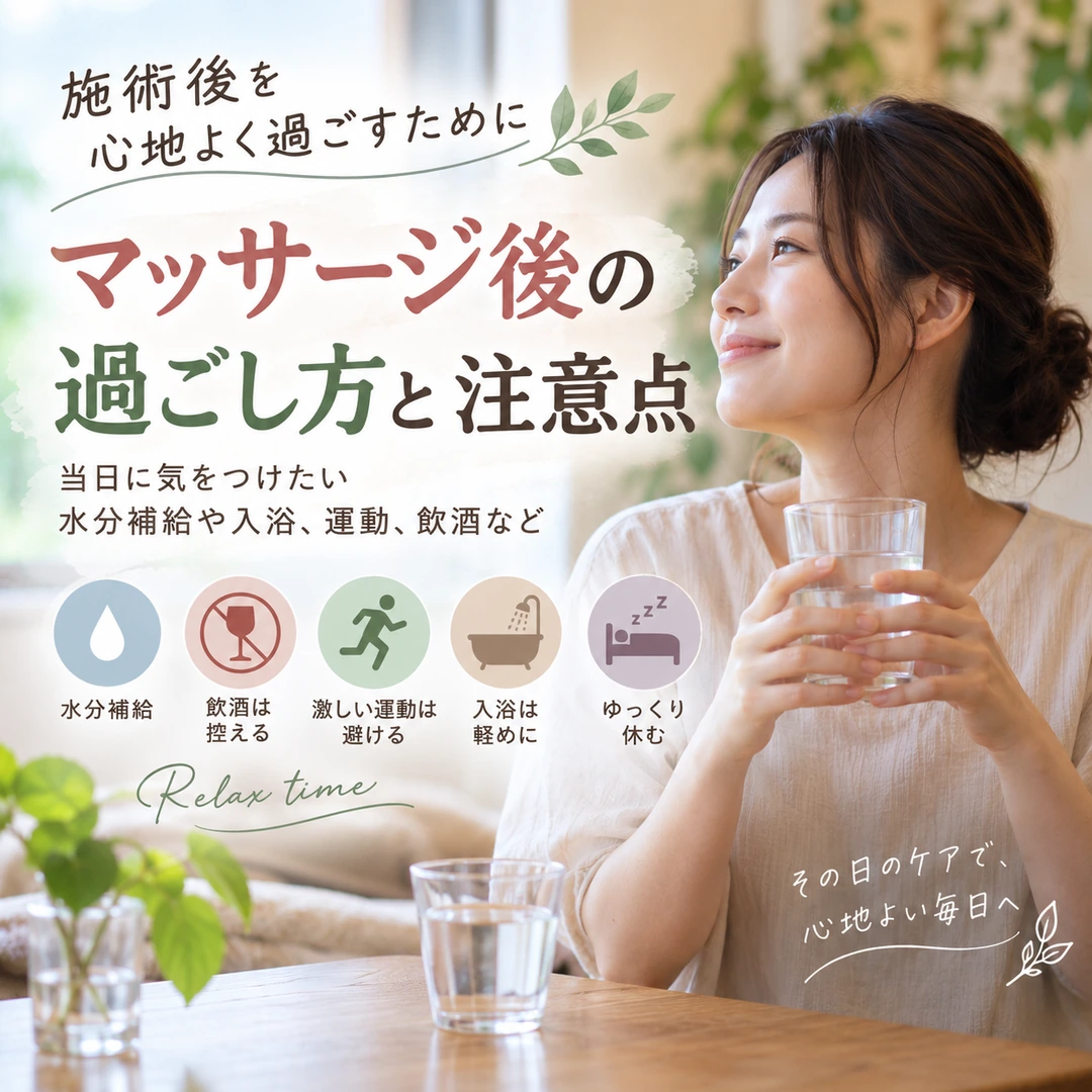 マッサージ後の水分補給や入浴など当日の過ごし方を紹介するイメージ