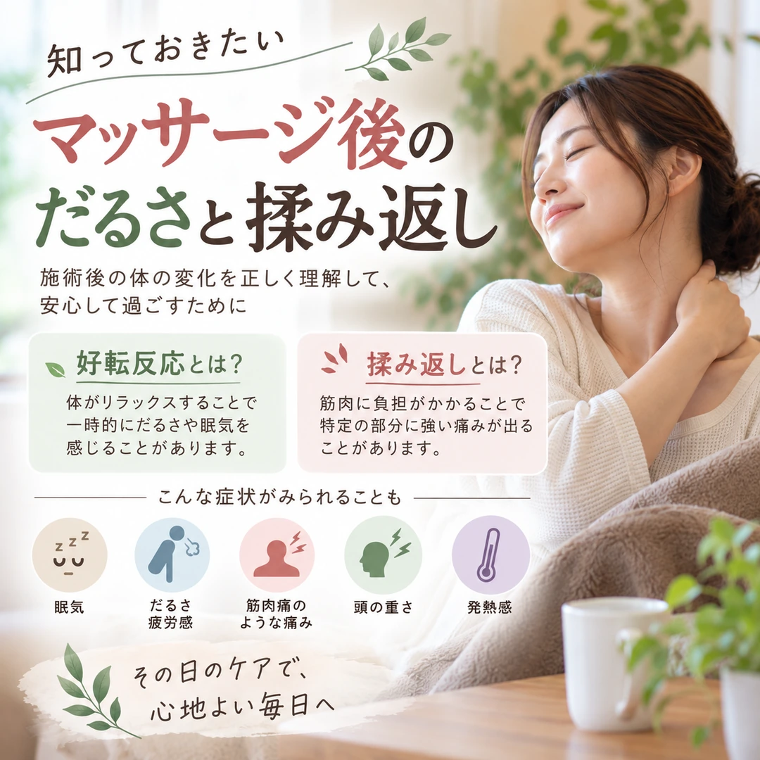 マッサージ後のだるさや揉み返しについて紹介するイメージ
