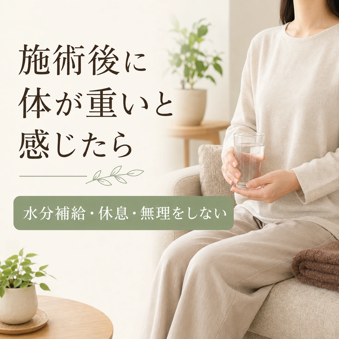 施術後に体のだるさや重さを感じたときの水分補給と休息を案内するリラクゼーションルーム シエスタ瀬戸西店の画像