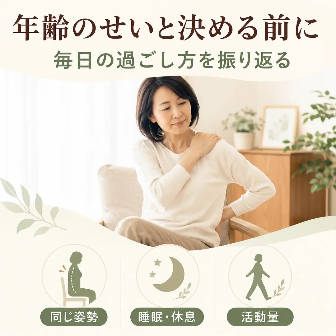 年齢のせいと決めつける前に同じ姿勢、睡眠と休息、活動量など毎日の過ごし方を振り返る女性のイメージ画像
