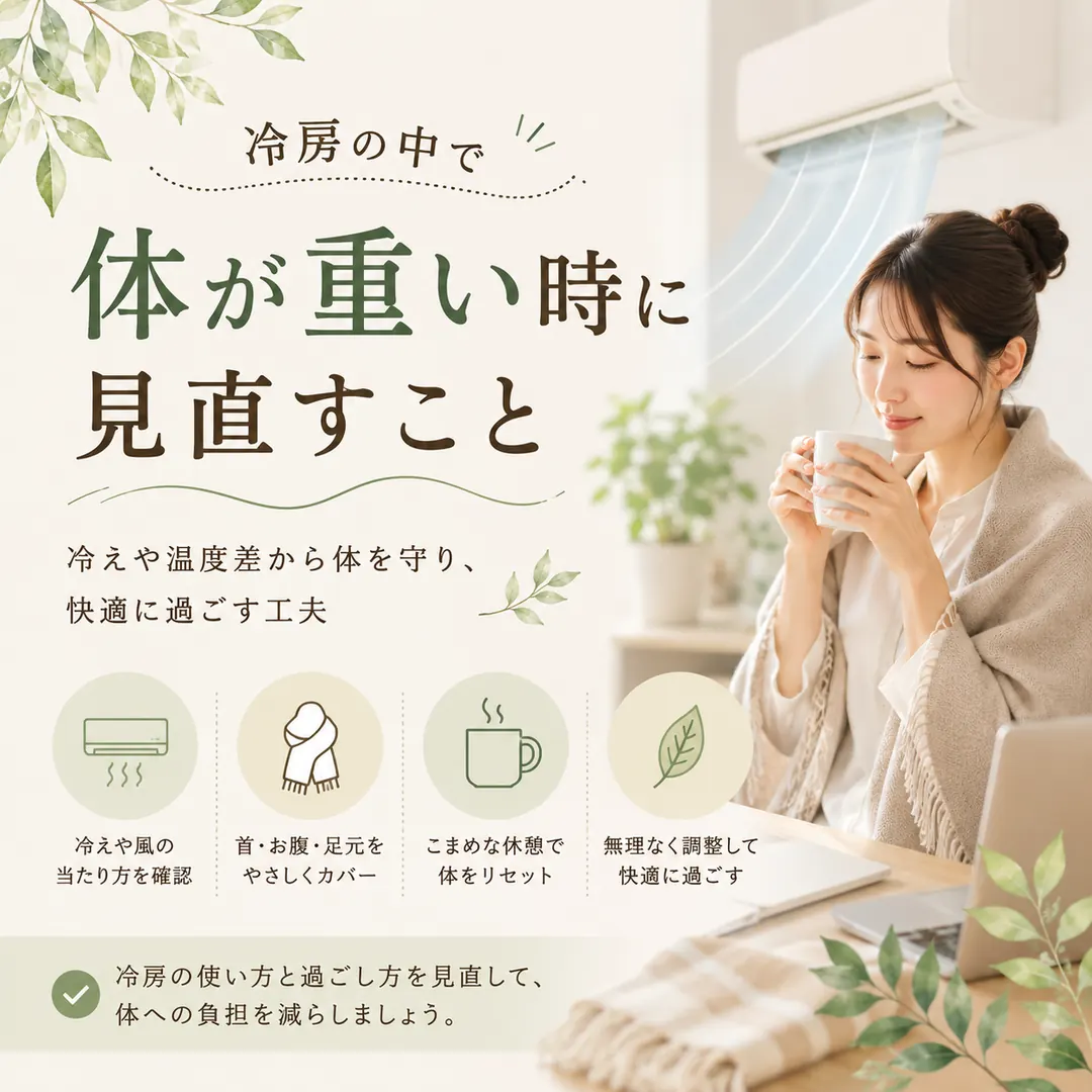 冷房の中で体が重く感じるときに、風の当たり方や冷え対策、休憩の取り方を見直すポイントを紹介するイメージ画像