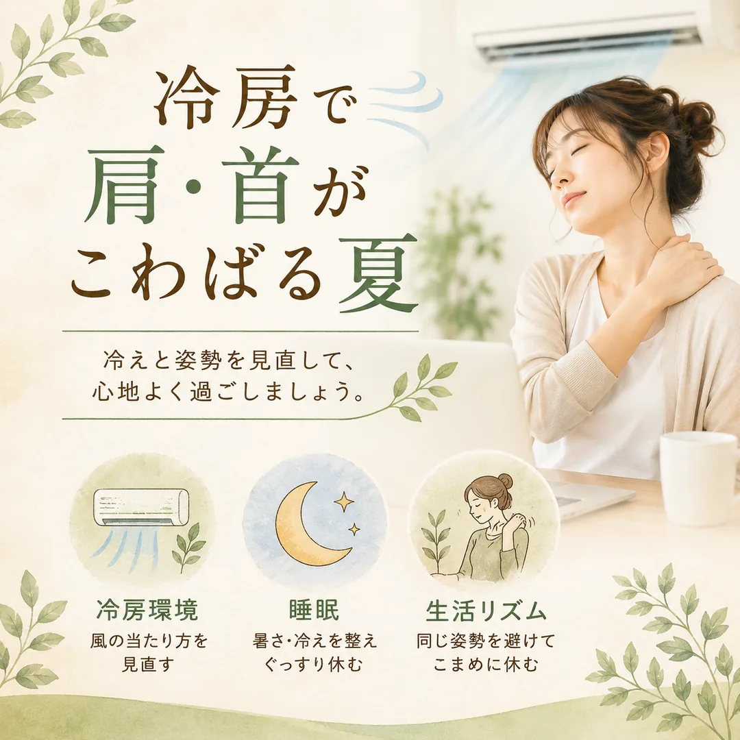冷房で肩や首がこわばる夏の過ごし方と冷房環境の見直しを紹介するシエスタ瀬戸西店のイメージ
