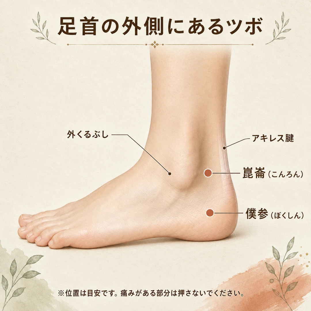 足首外側の崑崙と僕参の位置を示した日本語図解