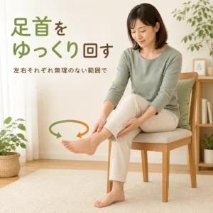 椅子に座って足首をゆっくり回すセルフケア方法を紹介する女性のイメージ