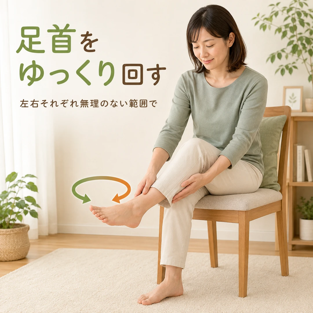 椅子に座って足首をゆっくり回すセルフケア方法を紹介する女性のイメージ