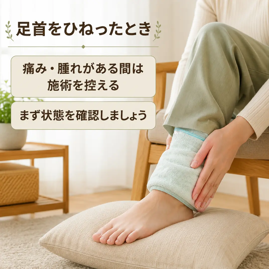 足首をひねった時の対応とリラクゼーション利用前の注意点を案内するイメージ