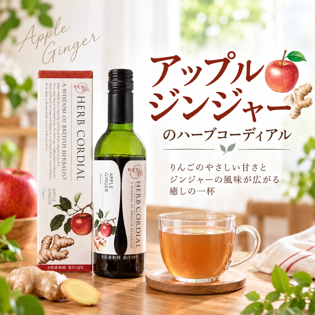 アップルジンジャーのハーブコーディアルと温かいドリンクのイメージ