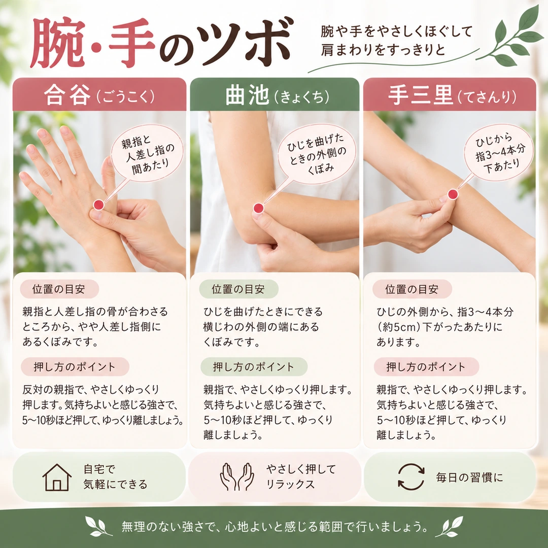 肩や腕の疲れが気になるときに取り入れたい合谷と曲池と手三里の位置と押し方