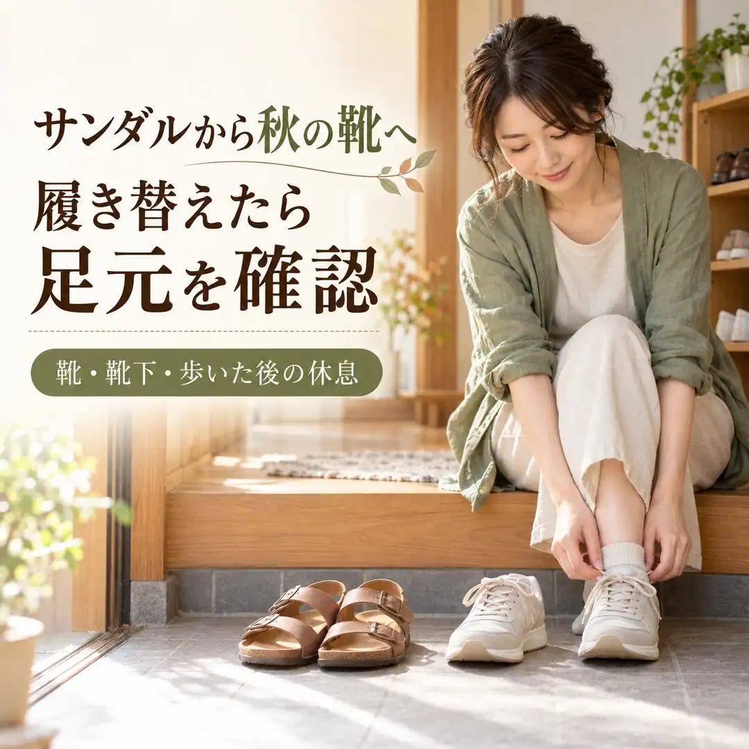 玄関でサンダルから秋の靴へ履き替え、靴ひもの締め具合を確認する女性