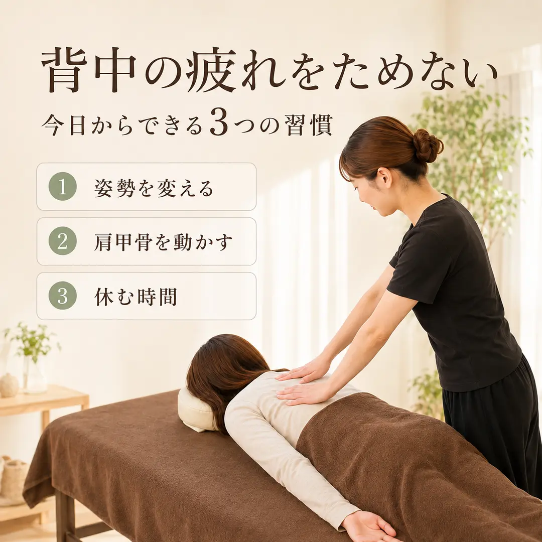 背中の疲れをためない3つの習慣とリラクゼーションルーム シエスタ瀬戸西店の全身もみほぐし