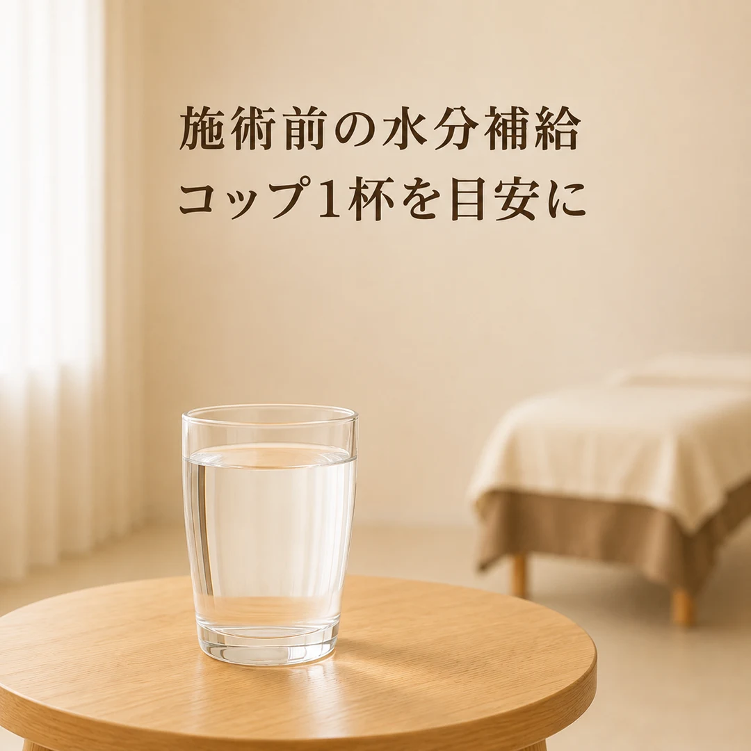 施術前の水分補給としてコップ1杯の水を用意したリラクゼーションルームのイメージ