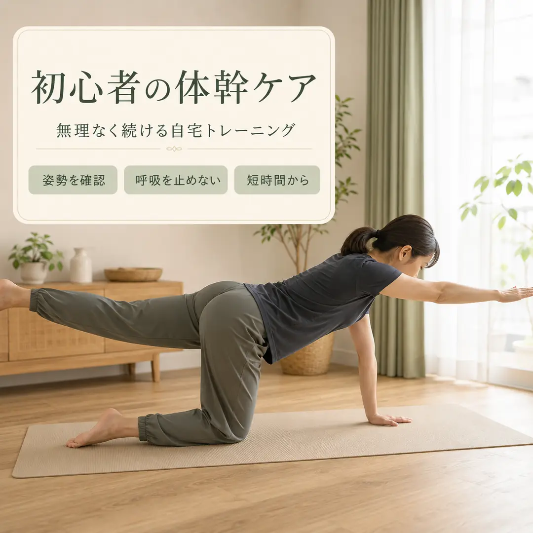 自宅で姿勢と呼吸を確認しながらバードドッグを行う初心者向け体幹トレーニングのイメージ画像