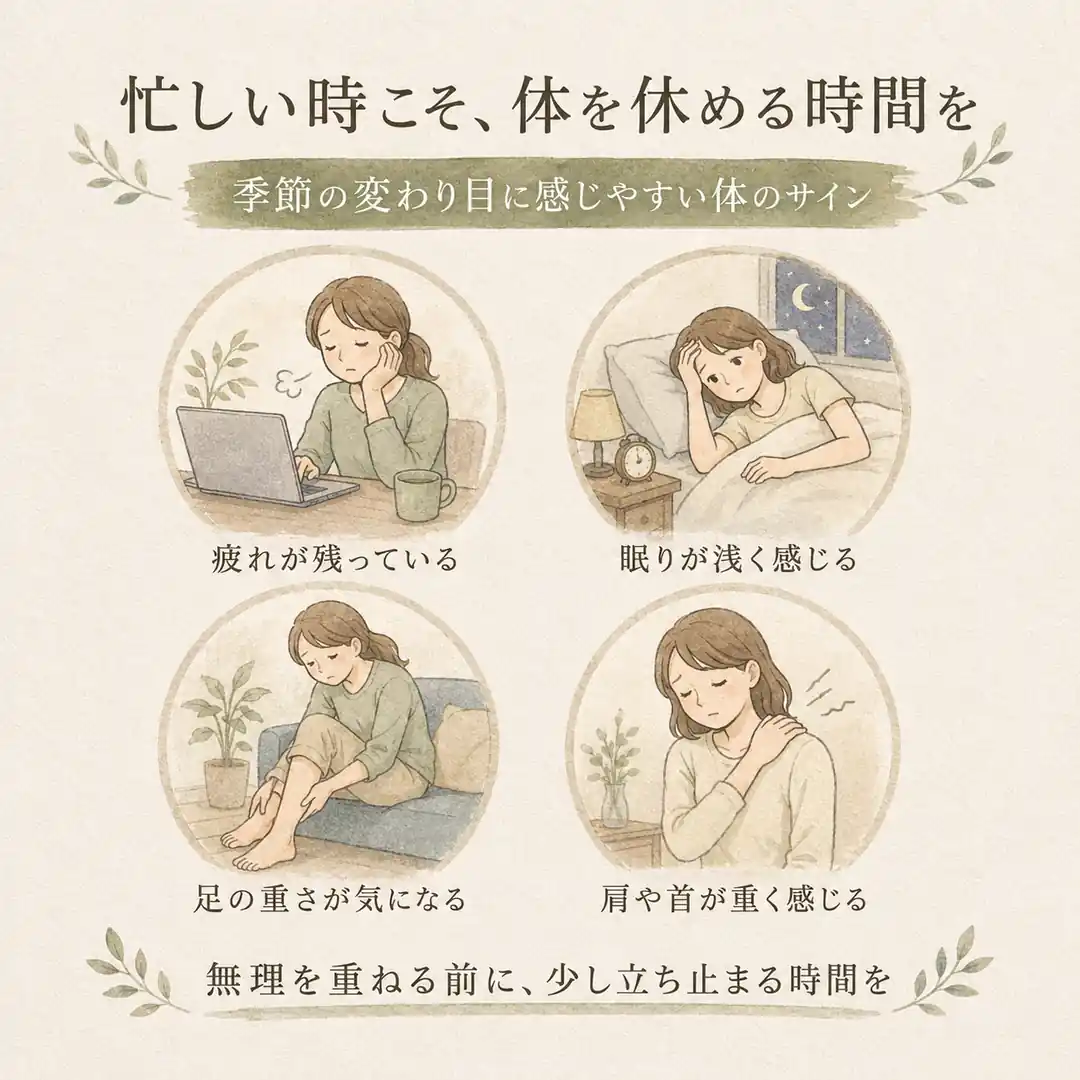 忙しい時や季節の変わり目に感じやすい疲れ、眠りの浅さ、足や肩首の重さを紹介するイラスト