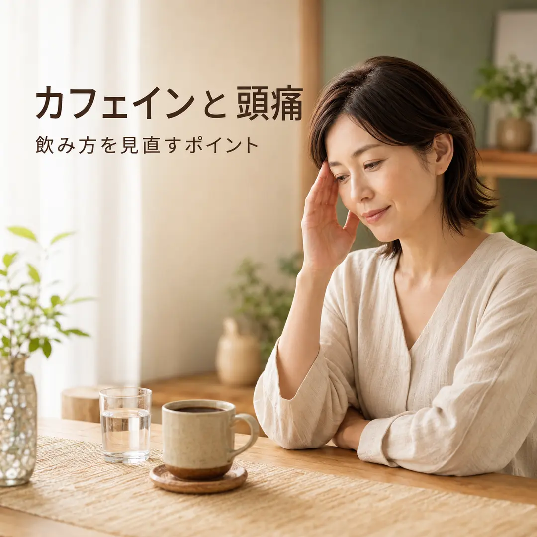 コーヒーと水を前にカフェインの飲み方を見直す女性のイメージ