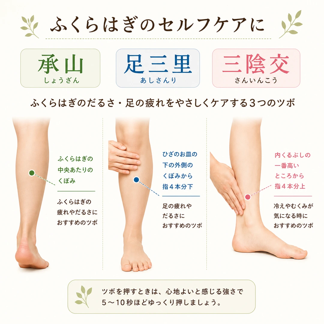 ふくらはぎのセルフケアに取り入れやすい承山・足三里・三陰交の位置を紹介するツボ解説画像