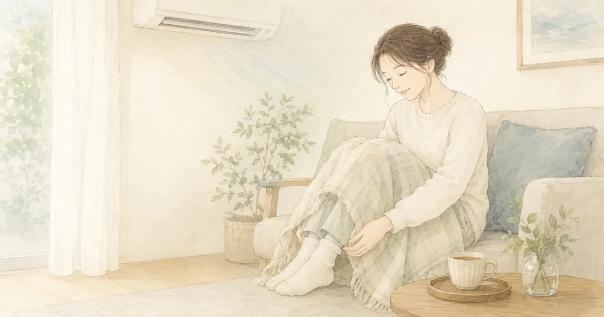 冷房の効いた室内で足先の冷えを感じる女性