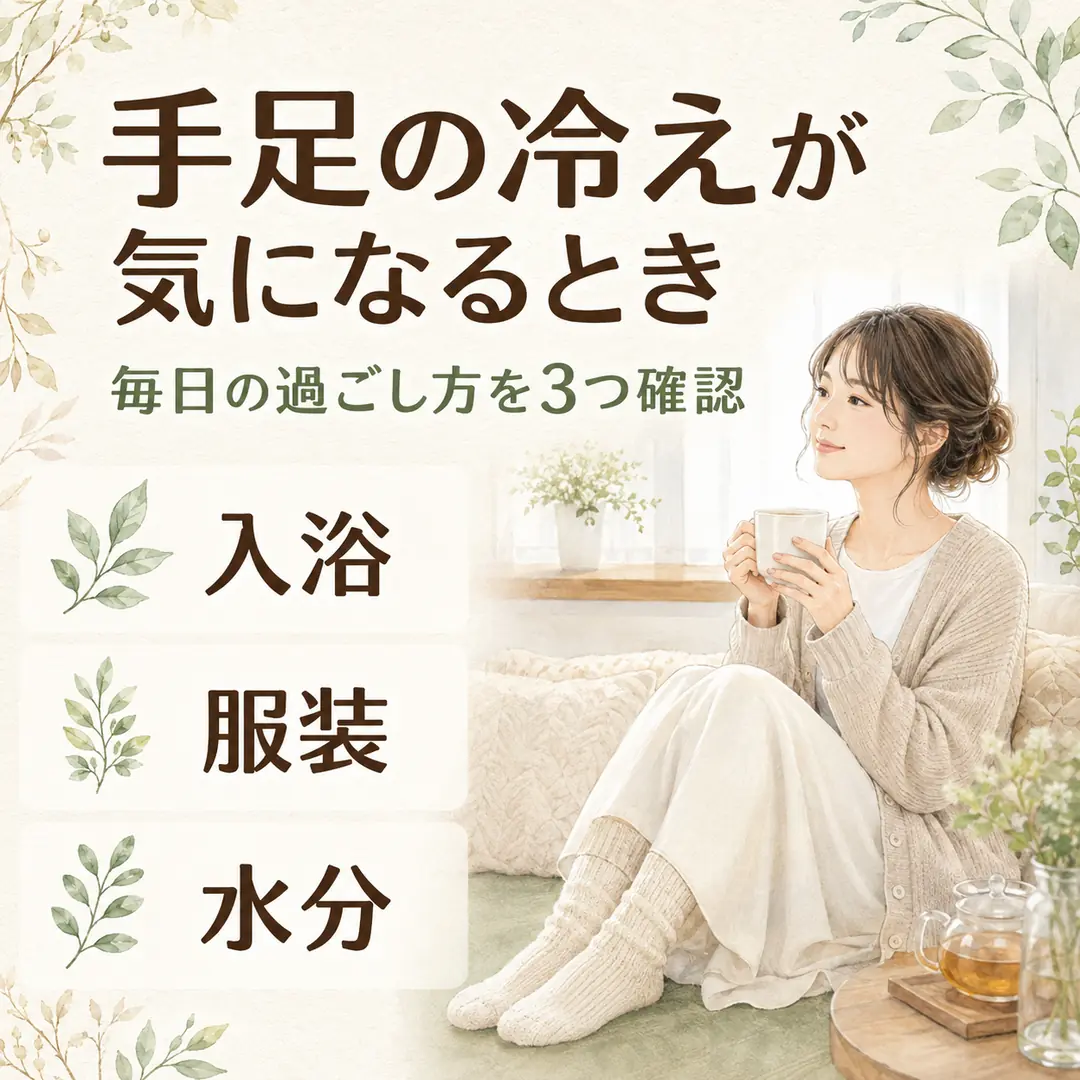 手足の冷えが気になるときに、入浴・服装・水分など毎日の過ごし方を確認するポイントを紹介するイメージ画像