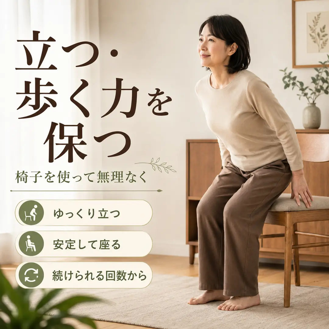 椅子を使って無理なく立つ練習を行い、立つ力と歩く力を保つ習慣を紹介するイメージ画像