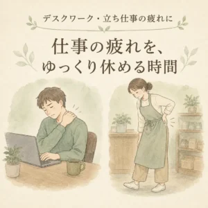 デスクワークによる首や肩の疲れと立ち仕事による腰や足の疲れを紹介するシエスタ瀬戸西店のイラスト