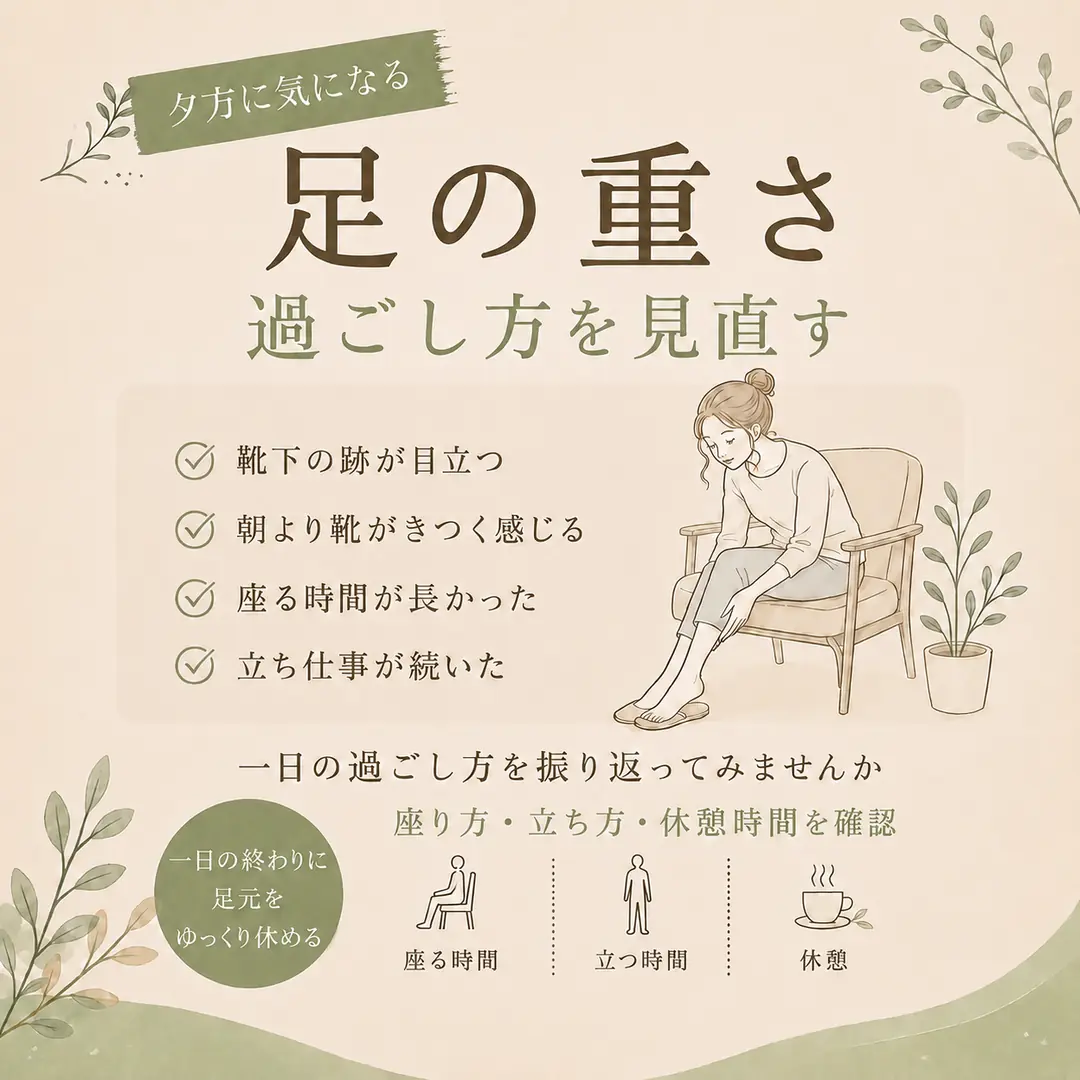 夕方に足が重く感じる日に、座り方・立ち方・休憩時間を振り返るポイントを紹介するシエスタ瀬戸西店のイメージ画像