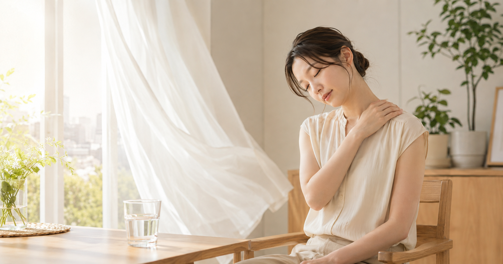 酷暑日の暑さと冷房の温度差で体のだるさや肩の疲れを感じる女性
