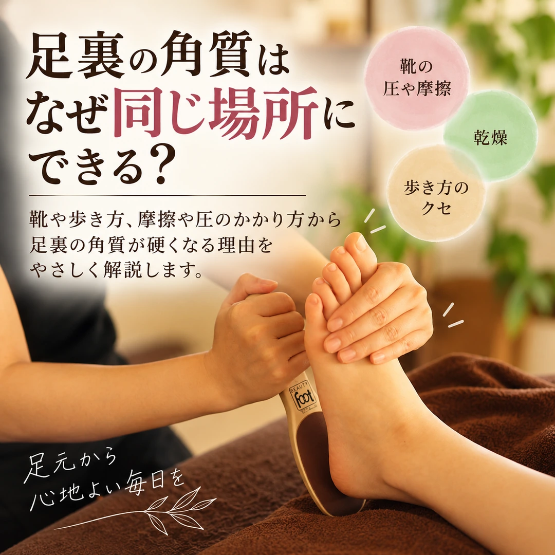足裏の同じ場所に角質ができやすい理由を靴の圧や摩擦、乾燥から紹介する足裏角質ケアのイメージ