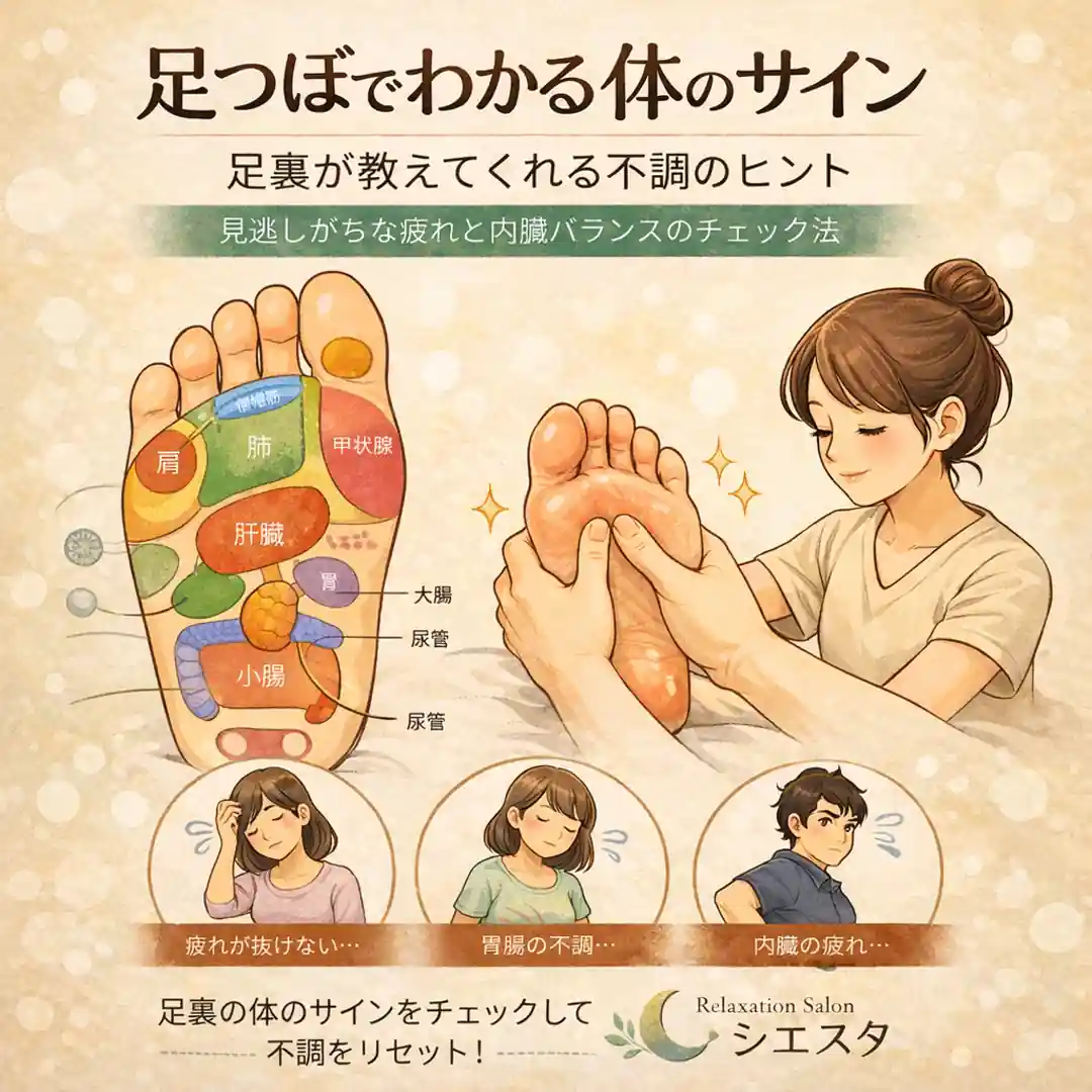 足つぼの反射区について紹介するリラクゼーションルーム シエスタ瀬戸西店の案内画像