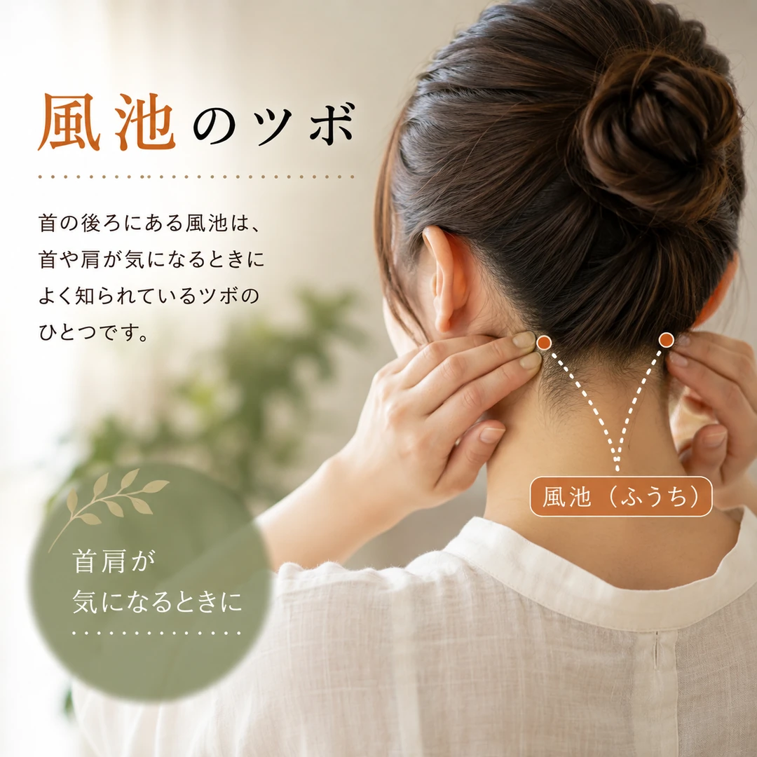 首の後ろにある風池のツボの位置と首肩のセルフケアを紹介するイメージ画像